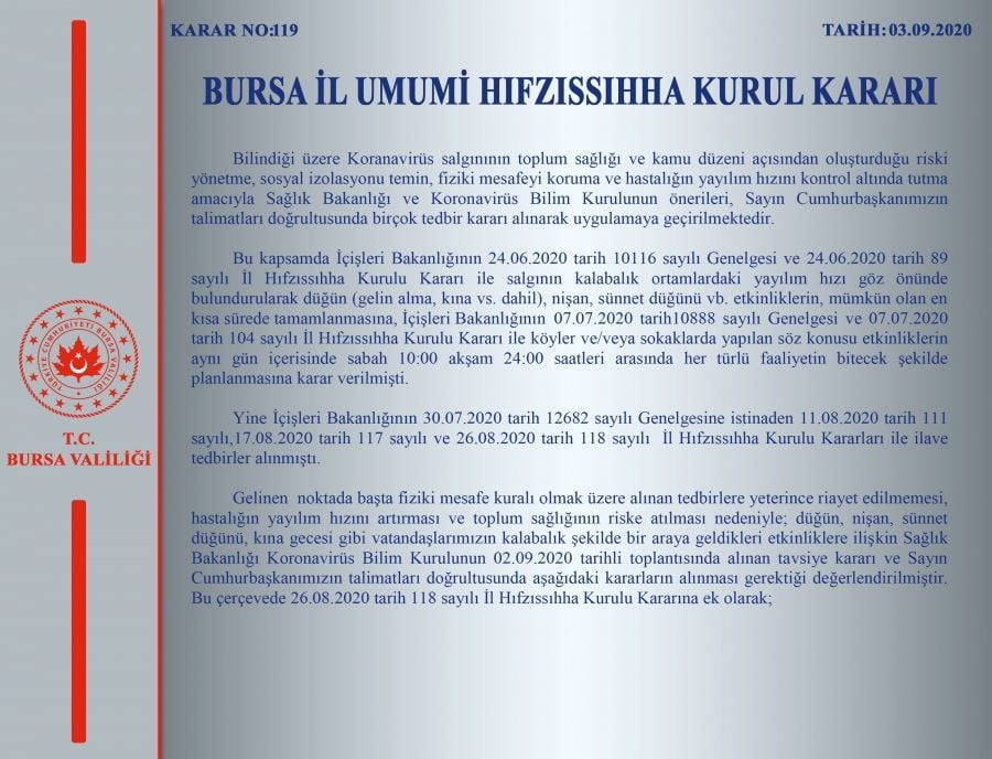 Bursa Valiliği’nden İl Hıfzıssıhha Kurulu kararı açıklaması