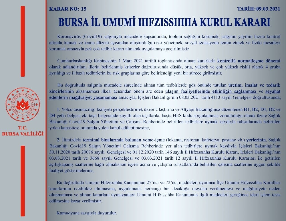 BURSA VALİLİĞİNDEN YENİ COVİD KARARLARI