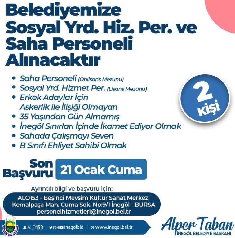 İnegöl Belediyesi Sosyal Hizmetler Personeli alımı yapacak