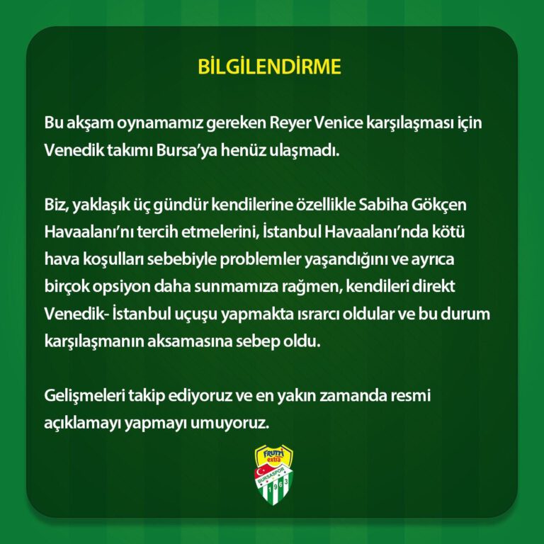 Frutti Extra Bursaspor’un rakibi Reyer Venice Bursa’ya ulaşamadı