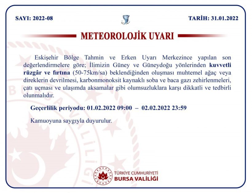 Bursa Valiliği’nden fırtına uyarısı