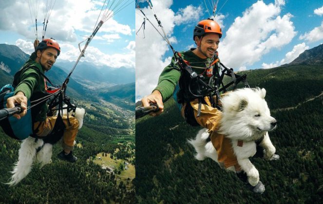 Köpeğiyle yamaç paraşütü yaptı! O anlar kamerada