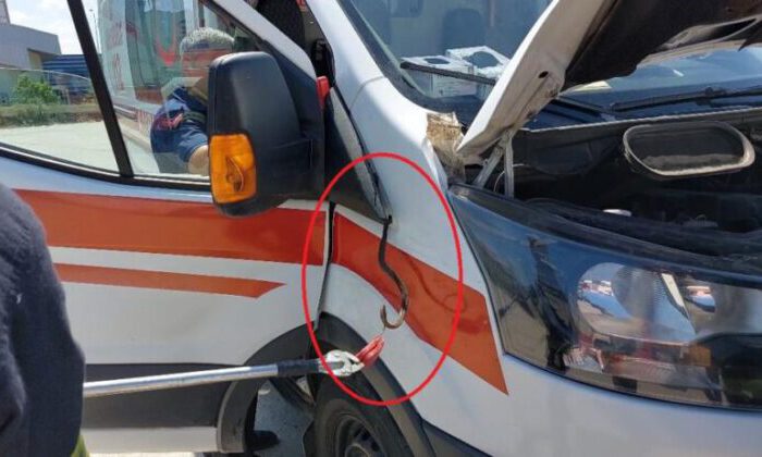 Ambulansa yılan girdi