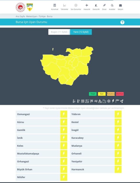 Meteorolojiden Bursa için sarı uyarı