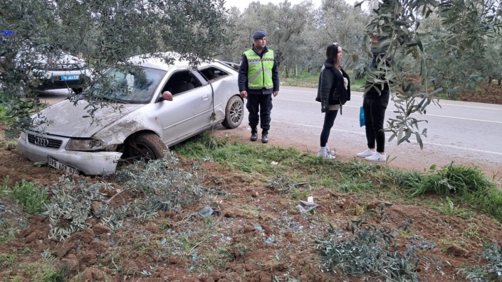 Kontrolden çıkan otomobil, zeytinliğe uçtu